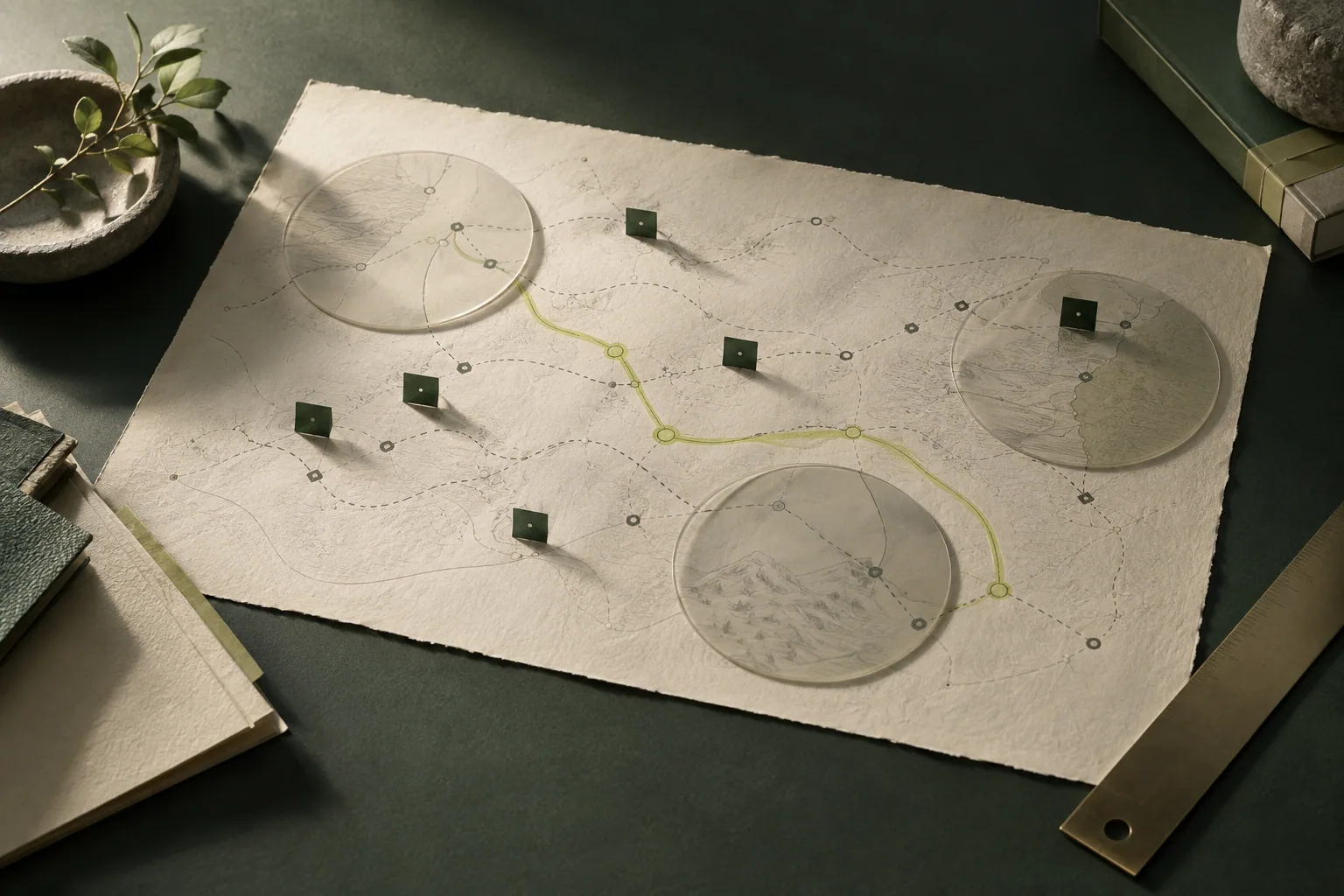 Une carte de parcours en papier met en évidence un chemin prioritaire parmi plusieurs opportunités.
