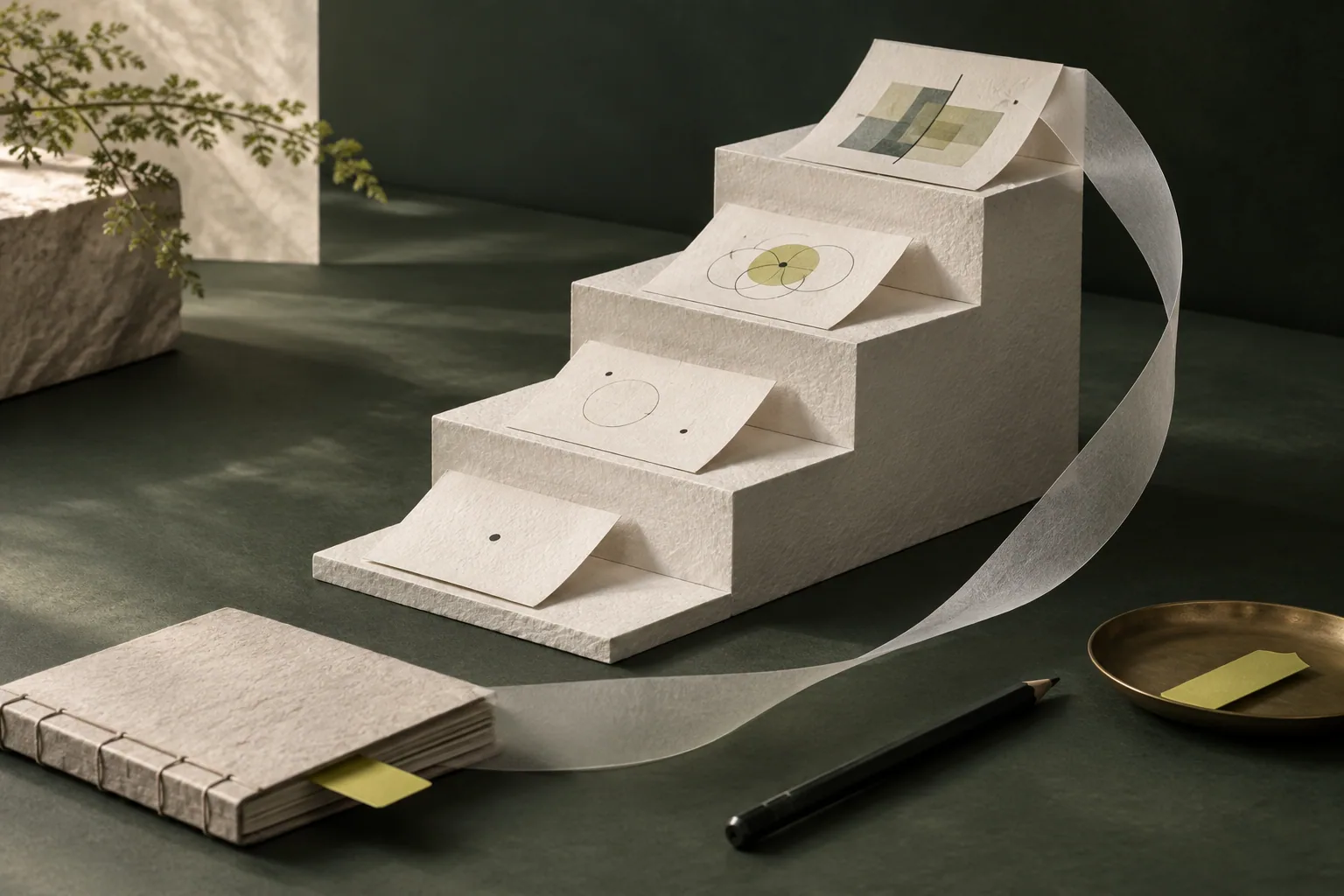 Un escalier de papier et un ruban symbolisent la progression et les sessions régulières de formation.