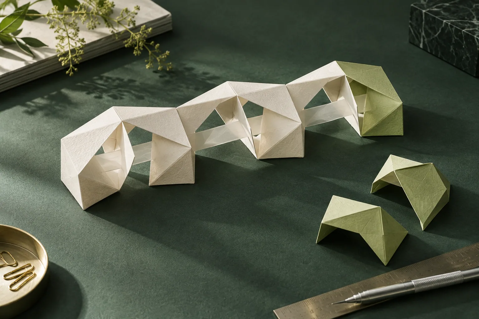 Des modules de papier assemblés forment une structure évolutive, avec de nouveaux éléments prêts à être ajoutés.